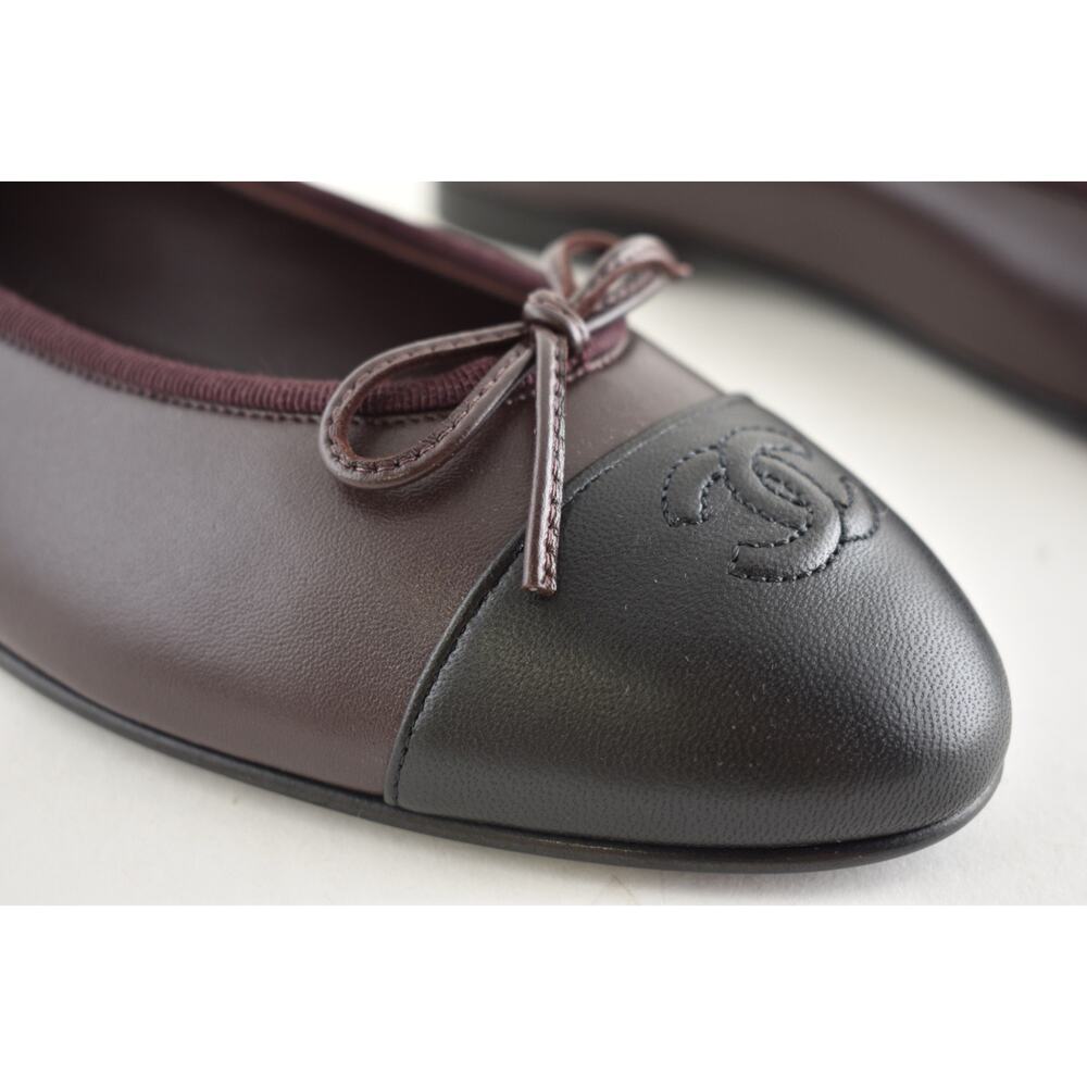 Chanel 26K Chocolate Dark Brown Black Lambskin CC Cap Ballet Ballerina Flat 37.5 - Picture 8 of 16